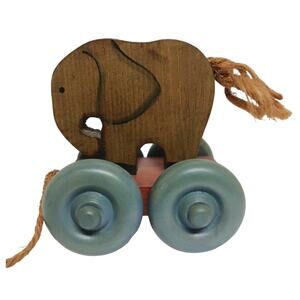 Vintage Wooden Elephant Pull Toy Folk Art Primitive Country Handmade Decor 5"